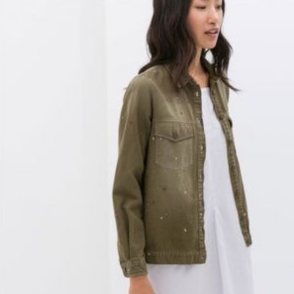 Zara Tops - Zara Olive Green Paint Splatter Over Shirt